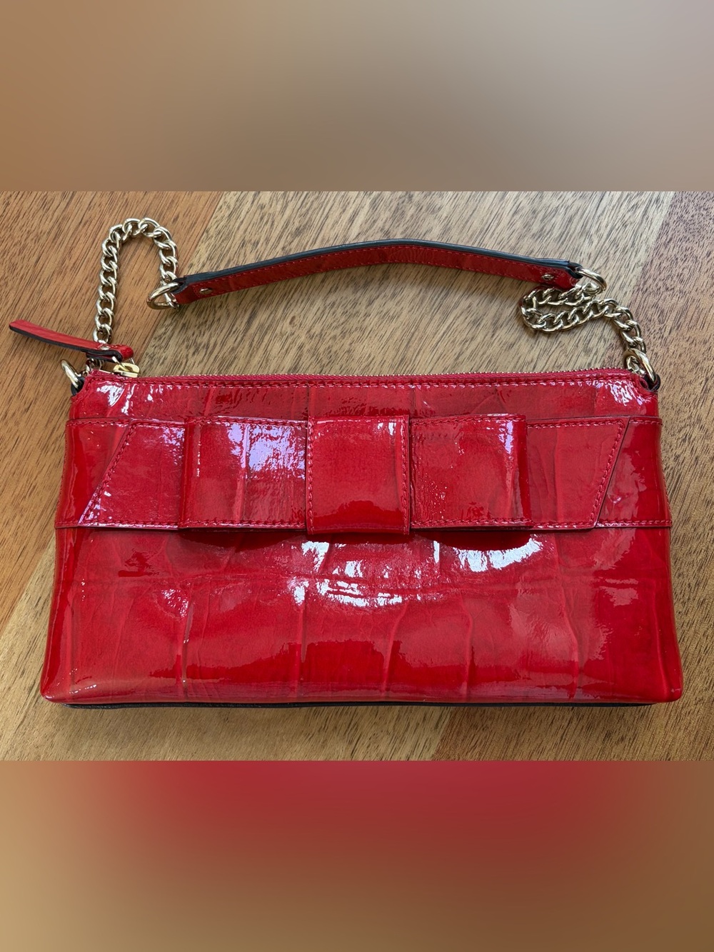 NWT kate spade Red Patent Croc-Embossed Bow-Accent clutch
